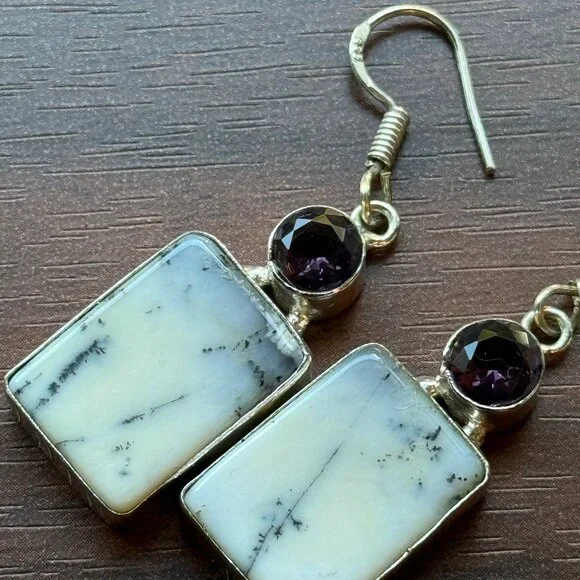 Sterling Silver Dendritic Agate and Amethyst Earrings - Picture 4 of 4